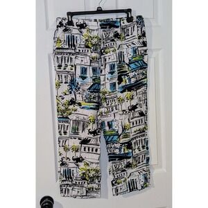 Lantana Casuals Printed Pants Medium White Blue‎ Black Cityscape Pattern Crop